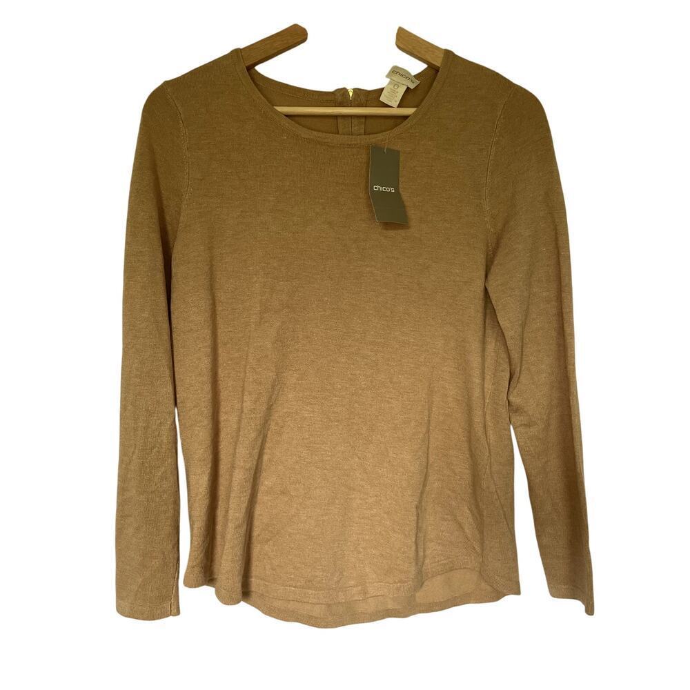 NWT Chico's sandy tan knit‎ crewneck sweater women's size O rayon zip back top
